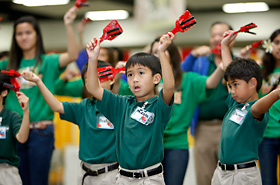 Students dance the Yosakoi dance from Kochi Prefecture with music instruments called Naruko.