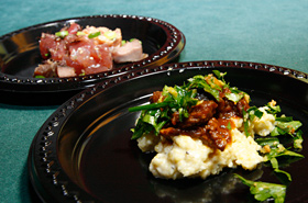 The Poke Sampler from Nico's at Pier 38 and Braised Lamb and Fresh Hawaii Vegetables  from 12th Avenue Grill