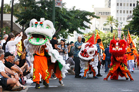 The invigorating Chinese lion and dragon dance