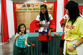 A typical example of an old traditional Japanese toy, kendama. It looks easy but actually it's quite difficult.