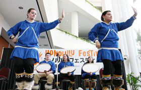 The dancers of the Alaska Native Heritage Center of Anchorage.They danced in their warm costumes and boots, not really conducive to Hawaii's warm weather!