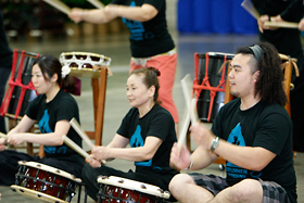 Members of Japan's Kaze Damari Wadaiko group.