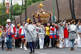 Mikoshi and the loud cheering by the supporters depict the true essence of MATSURI. Members of Inaho Adult Mikoshi perform.