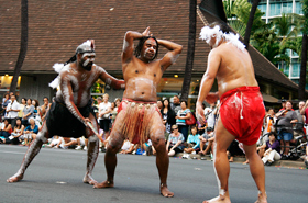 The Descendance from Australia perform an aboriginal dance depicting their traditional ways of living with nature.