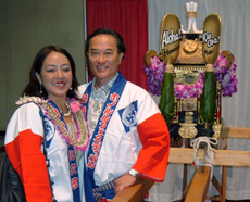 Yuki Lei Sugimura (left) from the Japanese Cultural Society of Maui and Eugene Shikuma (right)