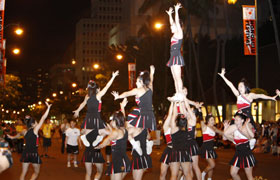 The top cheerleading squad from Japan VORTEX excites the crowd with their three level acrobatic acts.