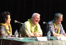 From left: Dr. Gay Michiko Satsuma,Associate Director, Center for Japanese Studies at University of Hawaii at Manoa; Dr. George Mercer Brooke III, descendant of Lt. John Mercer Brooke; Mr. Dwight Damon, descendant of Rev. Samuel Chenery Damon, Honolulu’s seamen’s chaplain.